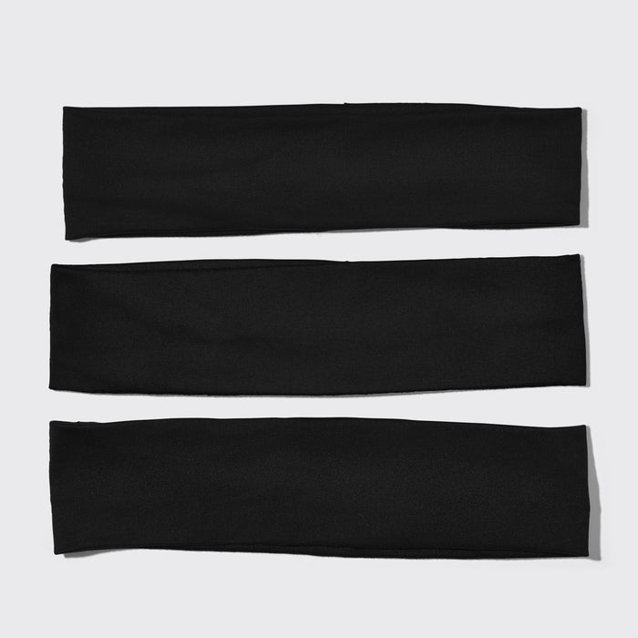 KITSCH Black Active Headbands — Set of 3 black Recycled Fabric Active Headbands, ribbed knit, stacked on white background