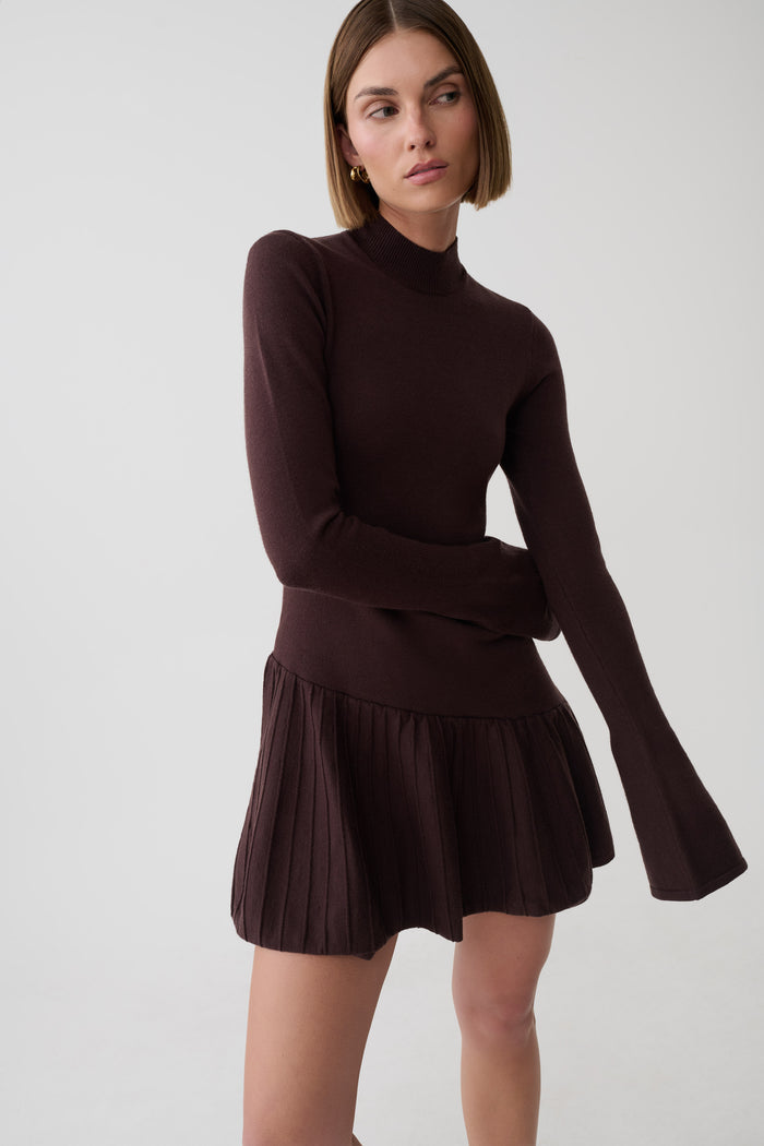 A woman modeling a dark brown ribbed knit mock-neck long-sleeve top with a matching pleated mini skirt, photographed against a light gray studio background.