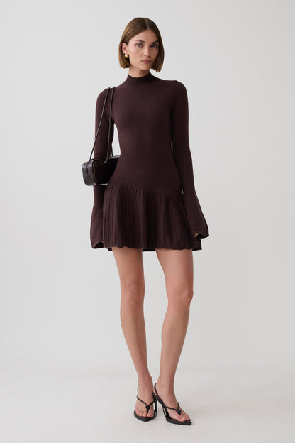 Blair Knit Mini Dress With Pleats - Chocolate