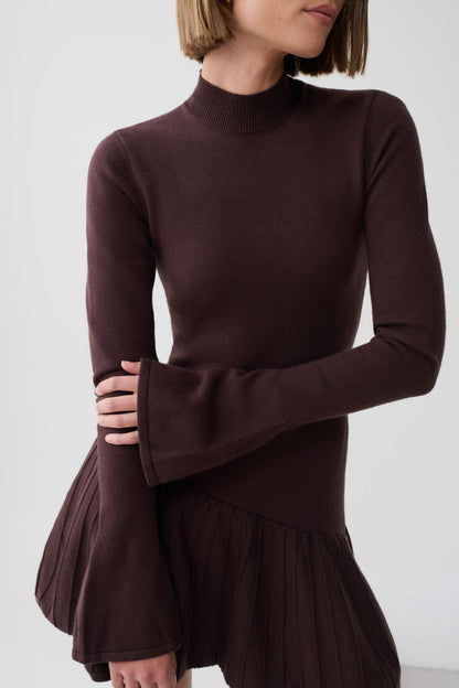 Blair Knit Mini Dress With Pleats - Chocolate
