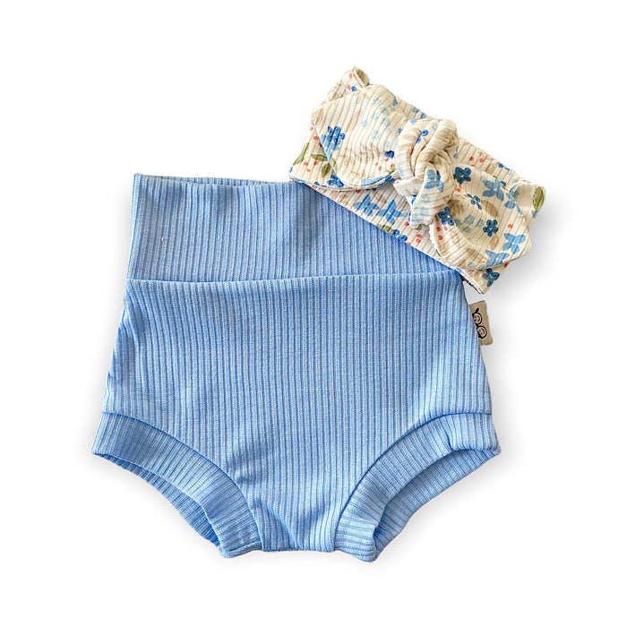 Blue Ribbed Bummies with Blue Tone Dainty Flowers on White Headband