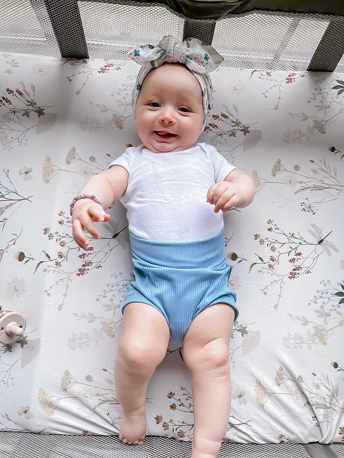Blue Ribbed Bummies with Blue Tone Dainty Flowers on White Headband