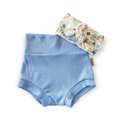 Blue Ribbed Bummies with Blue Tone Dainty Flowers on White Headband