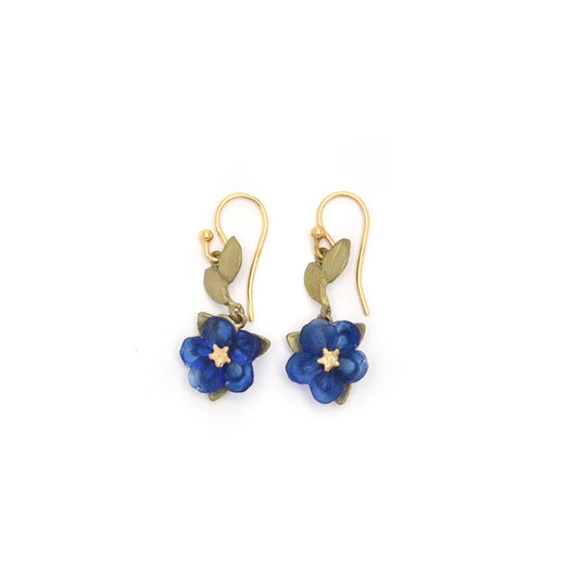 Blue Violet earrings cast in hand painted bronze with deep blue cast glass flowers.