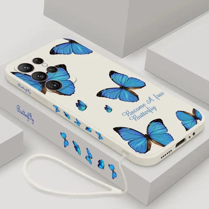 a phone case with blue butterflies on it