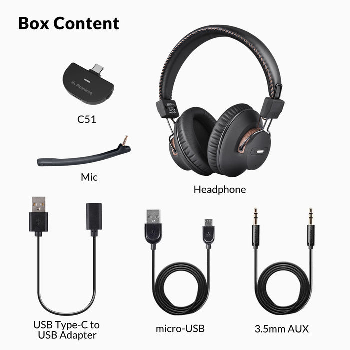 C519M Type-C Bluetooth Gaming Set for Nintendo Switch, PC, and PS4, includes C51 dongle, headphone,  charging cable, and 3.5mm AUX cable.