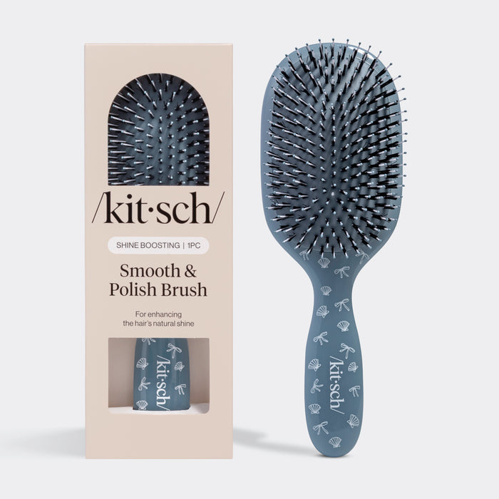 Kitsch Coastal Blue Print Smooth & Polish Brush with packaging – dual-bristle shine-boosting hair brush