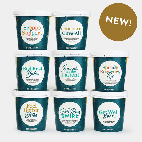 Assorted ice cream pints with various cold & flu themed messages on a white background with a "NEW" callout.