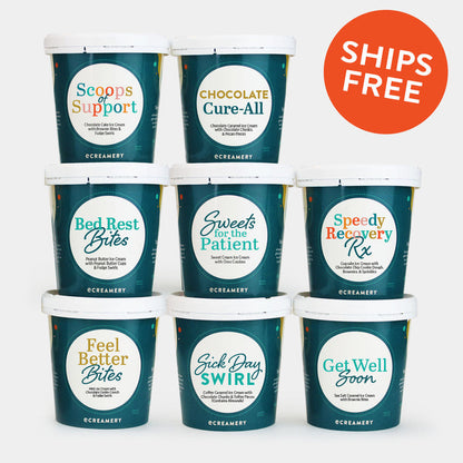 Assorted ice cream pints with various cold & flu themed messages on a white background with a "SHIPS FREE" callout.
