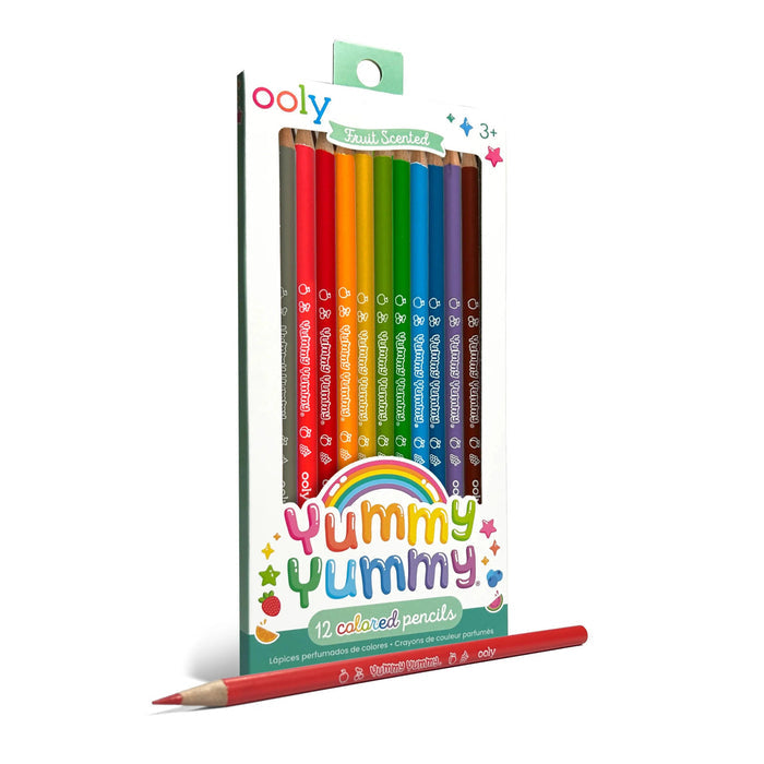 A pack of 12 scented colored pencils in various colors, labeled 'Yummy Yummy'. The pencils are displayed in a clear packaging with a colorful design.