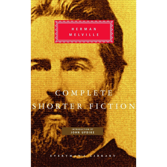 Cover of the book 'Complete Shorter Fiction' by Herman Melville featuring a portrait of the author with a yellow and textured background.