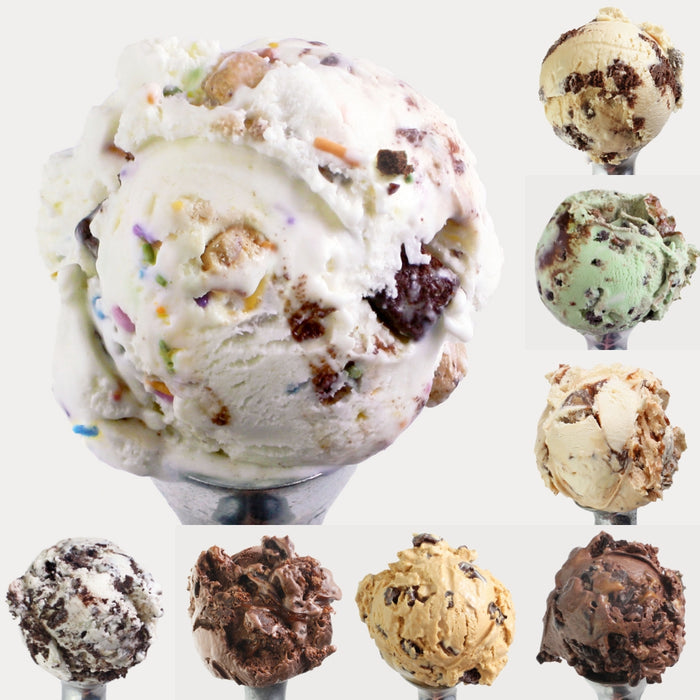 Photo of 8 different ice cream flavors on ice cream scoopers