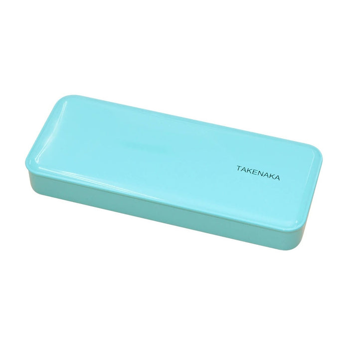 A blue cutlery case with a stainless steel fork, knife, and spoon set inside. The brand 'TAKENAKA' is visible on the case.