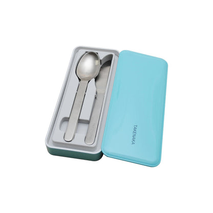 A blue cutlery case with a stainless steel fork, knife, and spoon set inside. The brand 'TAKENAKA' is visible on the case.