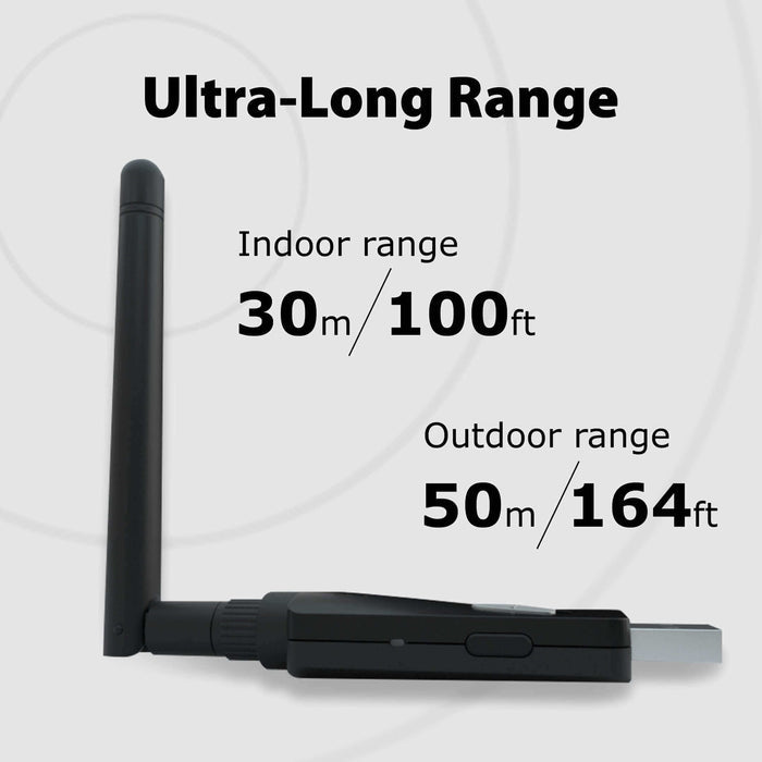 DG60P Long Range Bluetooth USB Audio Transmitter,  up to 164 ft (50 m) outdoors and 100 ft (30 m) indoors for stable wireless audio.