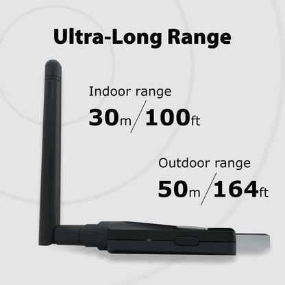 DG60P Long Range Bluetooth USB Audio Transmitter,  up to 164 ft (50 m) outdoors and 100 ft (30 m) indoors for stable wireless audio.