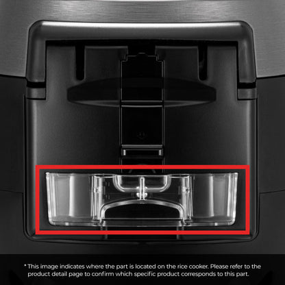 Clear plastic drain dish highlighted in red on a Cuckoo rice cooker to show its installation location.
