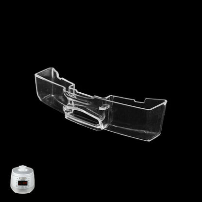 Clear plastic drain dish for Cuckoo rice cookers, shown with a compatible model. (00371-0063A0)