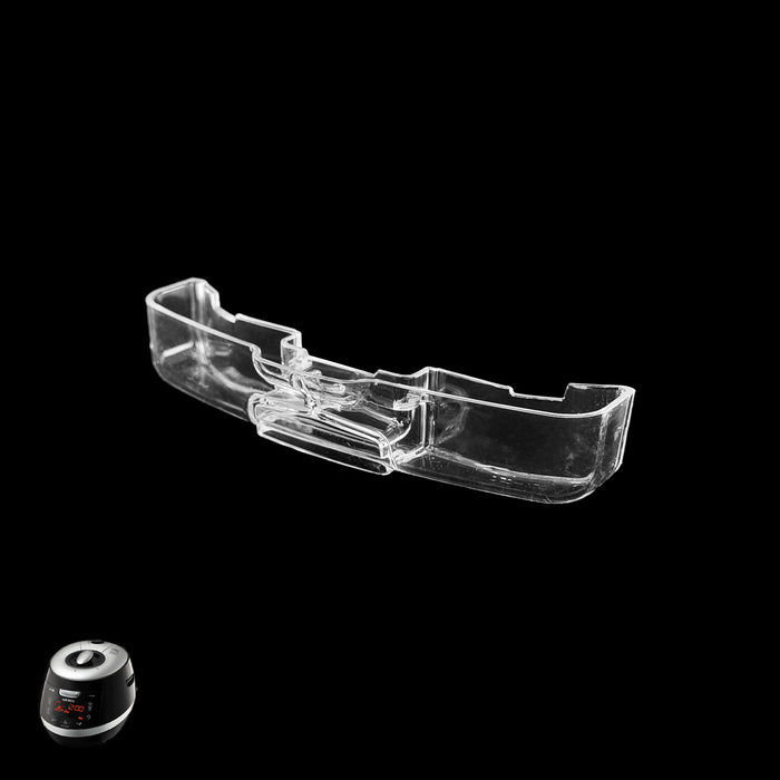 Clear plastic drain dish for Cuckoo rice cookers, shown with a compatible model. (00371-0070A0)
