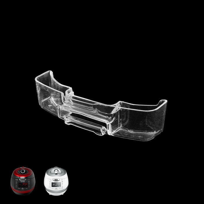Clear plastic drain dish for Cuckoo rice cookers, displayed with a variety of compatible rice cooker models. (00371-0074A0)
