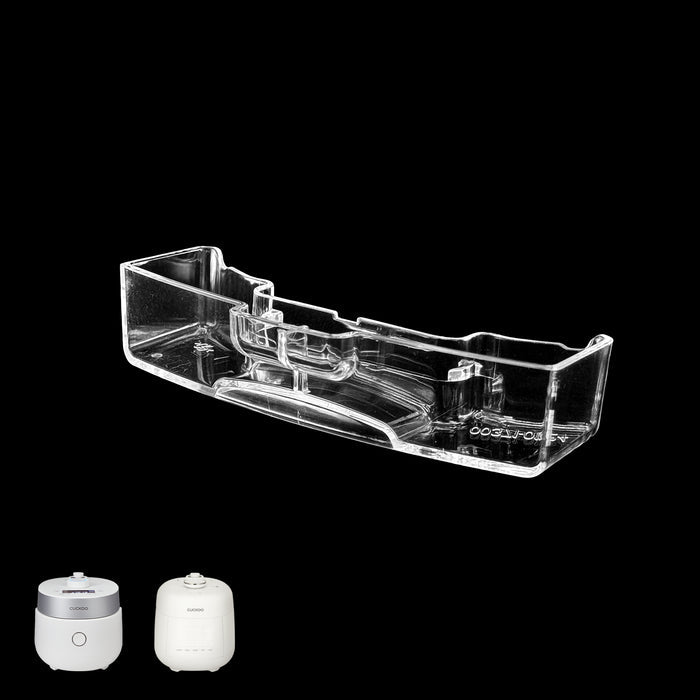 Clear plastic drain dish for Cuckoo rice cookers, displayed with a variety of compatible rice cooker models. (00371-0124A0)