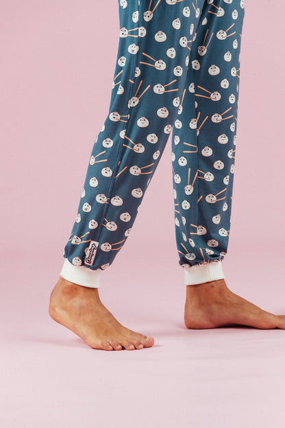 Dumpling Pants mens blue dumpling-print loungewear with drawstring waist - Slouch Potato Pizza & Dumplings