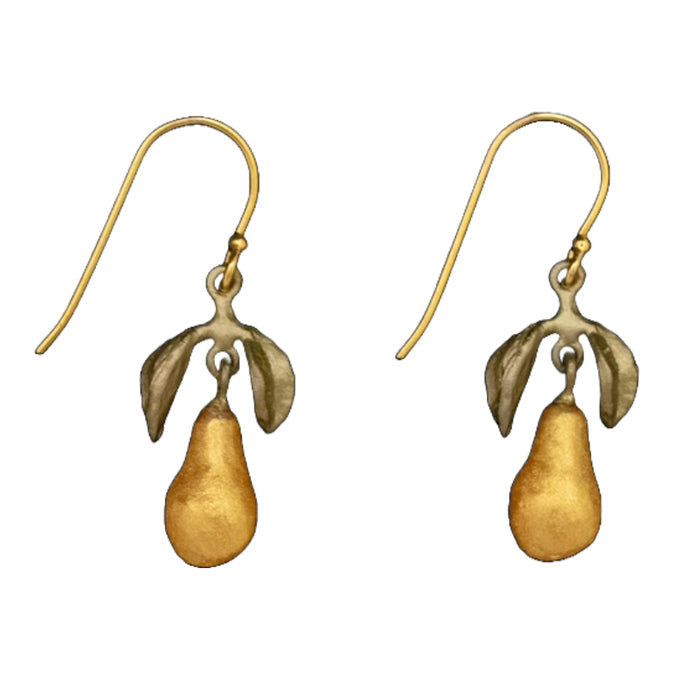 A pair of earrings featuring a golden pear design with leaf accents, suspended from gold-colored wires.