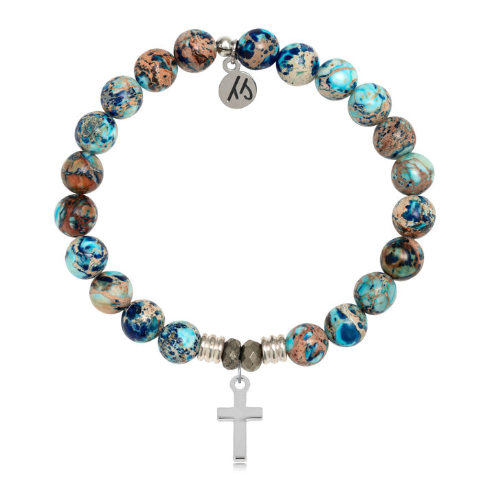 Earth Jasper Stone Bracelet with Cross Sterling Silver Charm