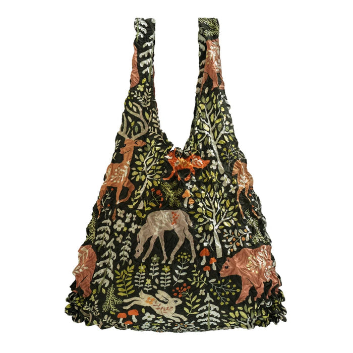 Reusable bag with nature-themed design featuring animals and plants on a white background