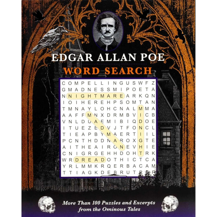 Book cover of 'Edgar Allan Poe Word Search' with word search puzzle and Poe's portrait.