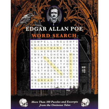 Book cover of 'Edgar Allan Poe Word Search' with word search puzzle and Poe's portrait.