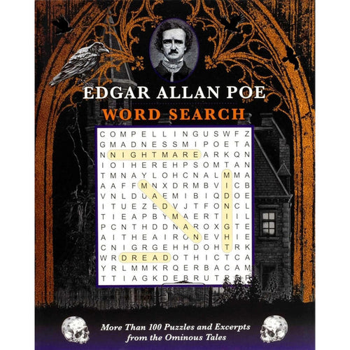 Book cover of 'Edgar Allan Poe Word Search' with word search puzzle and Poe's portrait.