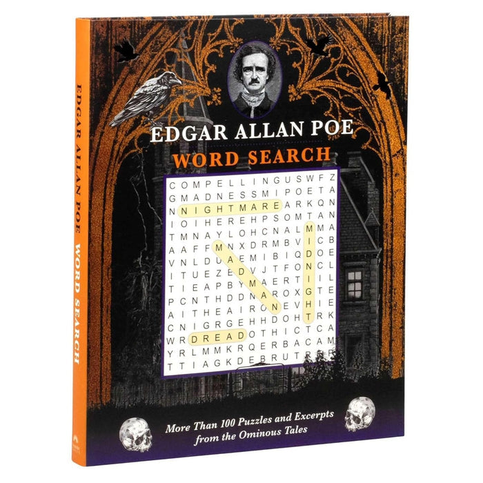 Book cover of 'Edgar Allan Poe Word Search' with gothic design and word search puzzle.