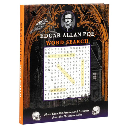 Book cover of 'Edgar Allan Poe Word Search' with gothic design and word search puzzle.
