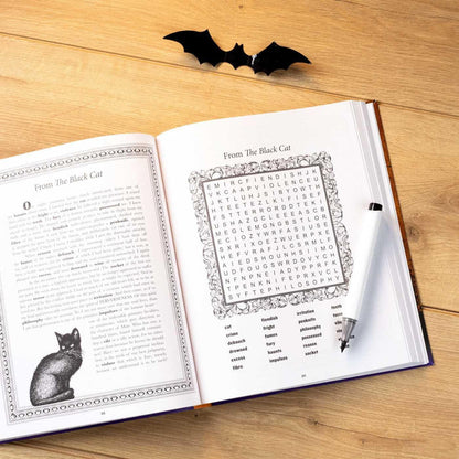 Open book with a word search puzzle and black cat illustration on a wooden surface, with a small black bat decoration above.