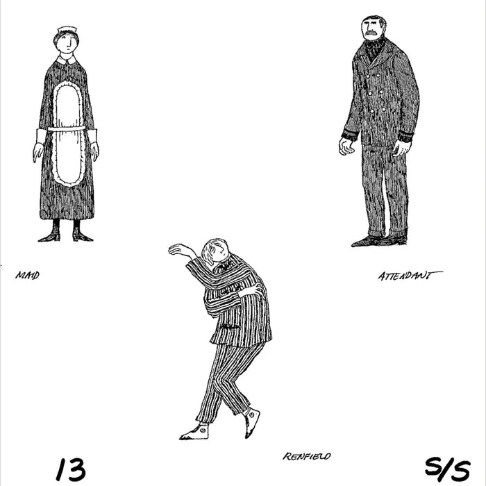 Black and white illustrations of people in various poses and clothing styles on a white background.