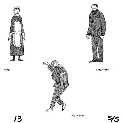 Black and white illustrations of people in various poses and clothing styles on a white background.