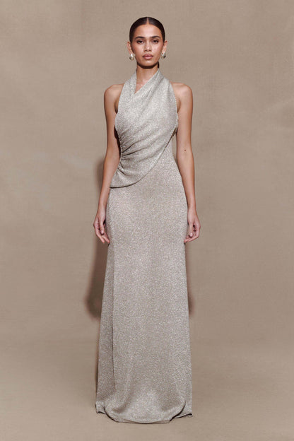 Elma Lurex Knit Halter Maxi Dress - Silver