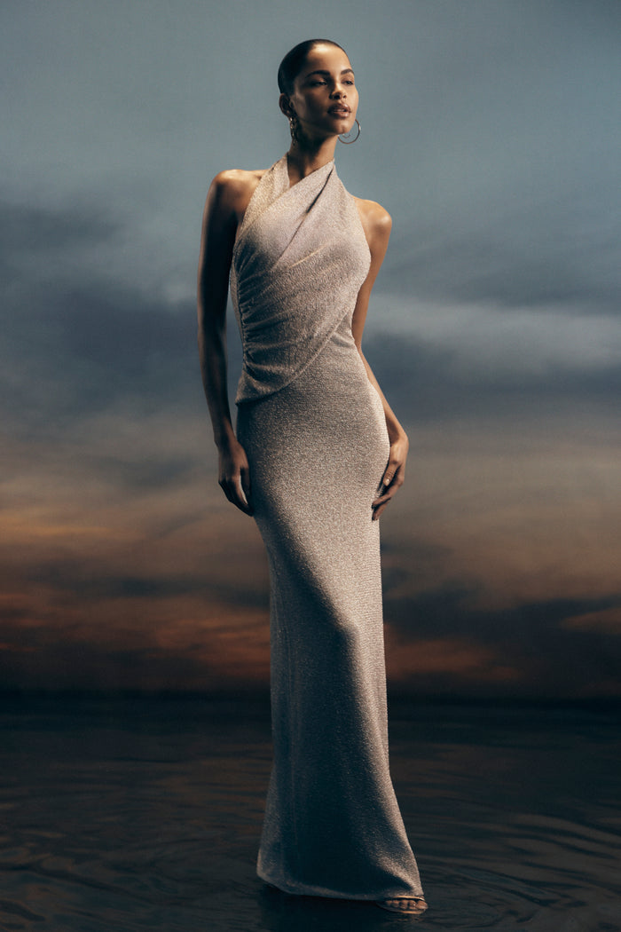 Elma Lurex Knit Halter Maxi Dress - Silver