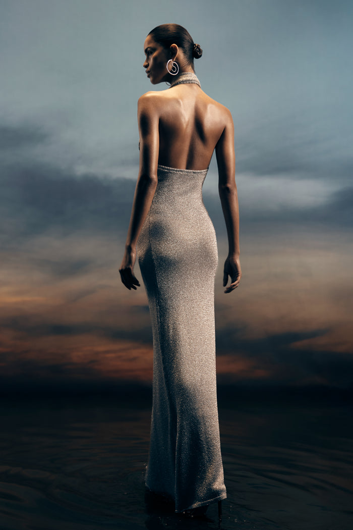 Elma Lurex Knit Halter Maxi Dress - Silver