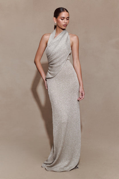 Elma Lurex Knit Halter Maxi Dress - Silver