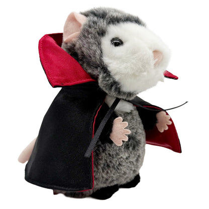Plush toy possum in a vampire costume with red cape and black outfit on a white background