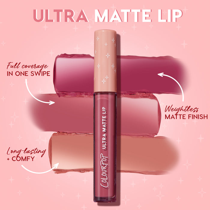 ColourPop Ultra Matte Lip liquid lipstick in Flurries shown upright in a clear tube with blush cap, over mauve-to-nude swatches; delivers full coverage in one swipe with a weightless, long‑lasting matte finish.