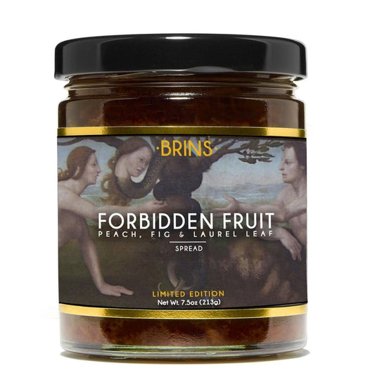 A jar of Forbidden Fruit Spread with a label depicting a painting of Adam and Eve among fruits, indicating a sensory interpretation of the biblical story.