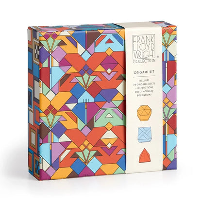 Colorful geometric-patterned origami kit box with 'Frank Lloyd Wright Collection' branding.