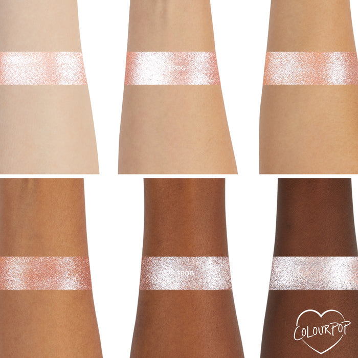 ColourPop Frog Super Shock Shadow eyeshadow swatched in wide bands on six forearms, a pink‑champagne metallic shimmer with silver sparkles showing payoff from light to deep skin tones, with a small ColourPop heart logo in the bottom right.