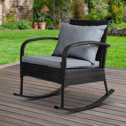 Gardeon Outdoor Furniture Rocking Chair Wicker Garden Patio Lounge Setting Black -Home Living Store - -