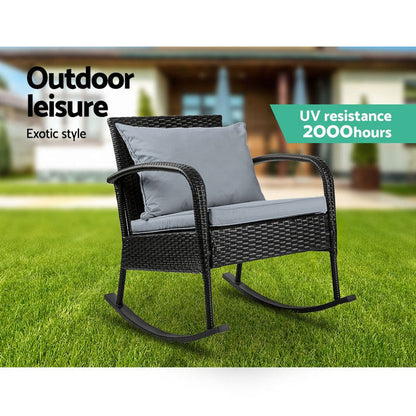 Gardeon Outdoor Furniture Rocking Chair Wicker Garden Patio Lounge Setting Black -Home Living Store - -