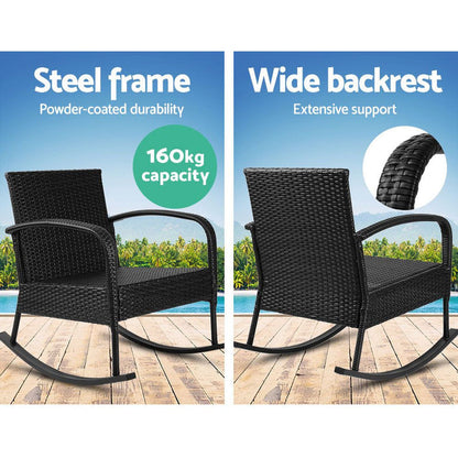 Gardeon Outdoor Furniture Rocking Chair Wicker Garden Patio Lounge Setting Black -Home Living Store - -