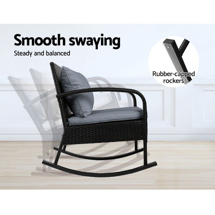 Gardeon Outdoor Furniture Rocking Chair Wicker Garden Patio Lounge Setting Black -Home Living Store - -